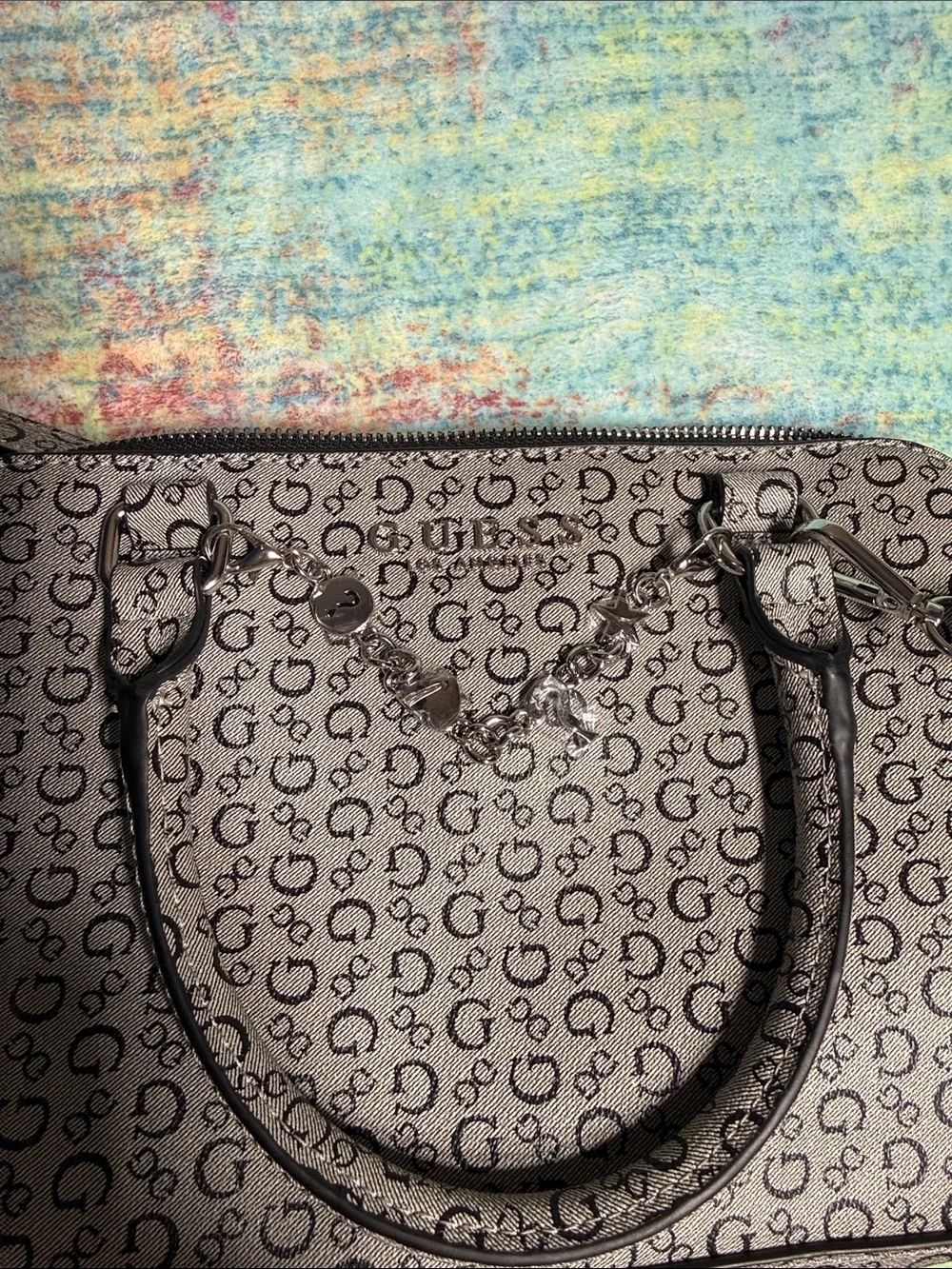 Guess Monogram Satchel in Taupe and Black